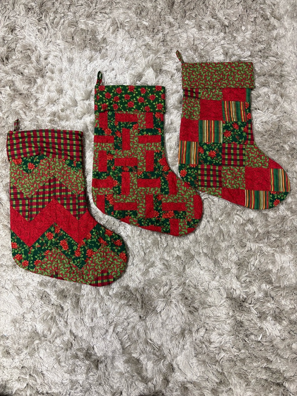 Handmade Red & Green Holiday Stockings - Set of 3